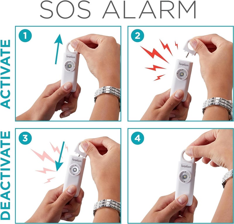 Ivation Personal Rechargeable SOS Alarm, Pocket Size Loud 130dB Sound Safety Siren & LED Panic Strobe Light with Carabiner Keychain Clip for Women, Children & Seniors, White - Image 4